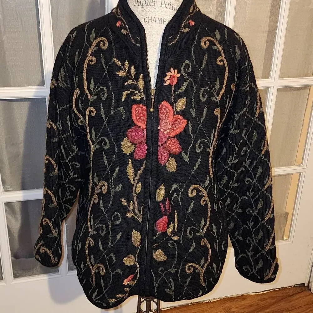 Icelandic Design‎ Black Floral Embroidered Wool Blend Full Zip Sweater Jacket S